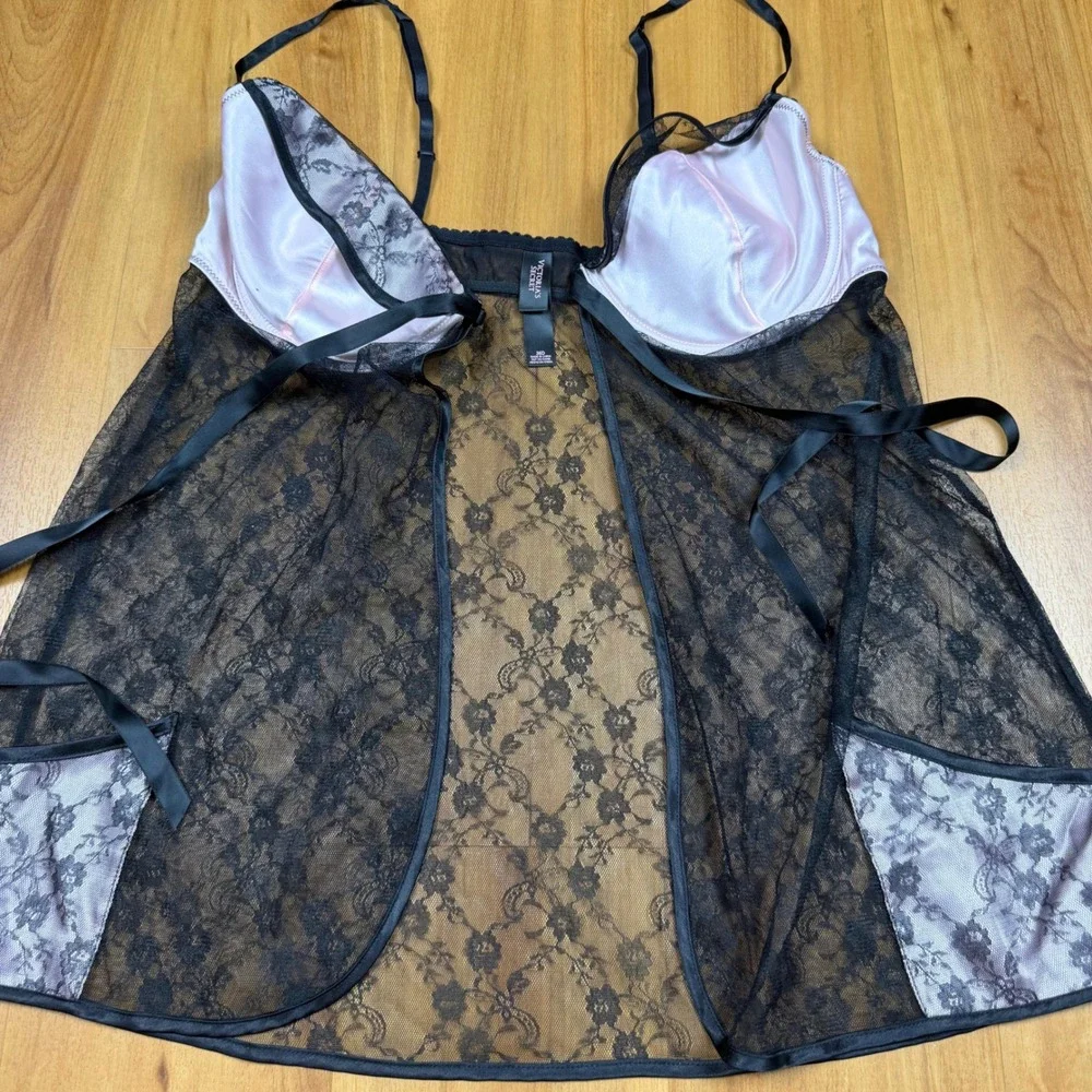 Victoria's Secret Black‎ Pink Lace Underwire Babydoll Chemise Lingerie 36D 03-15